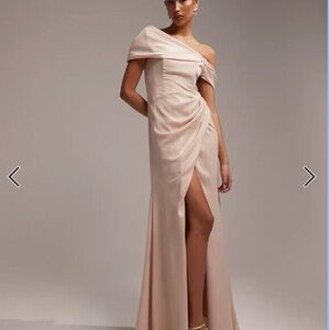 One-Shoulder Blush Pink Evening Gown with Side Drape